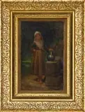 Edwin Austin Abbey, The Water Girl, Oil on canvas laid on panel scene shows a young woman standing barefoot next to a stone well with green water pitcher