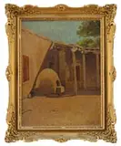 Fumiko Nagasa, The Pottery Kiln, Oil on board scene shows an earthenware kiln outside an adobe and wood building under blue sky