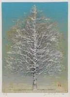 Joichi Hoshi, Spring, Woodblock print shows a single tree with snow-covered branches against a blue background. Pencil signed and dated “74”