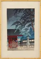 Spring Rain by Kawase Hasui, Woodblock print shows a woman with parasol under a light rain with buildings and tree, sold Jan 2008