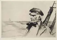 Sears Gallagher, Sea Captain, Etching of a sea captain on deck of a ship looking out over ocean at another ship