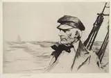 Sears Gallagher, Sea Captain, Etching of a sea captain on deck of a ship looking out over ocean at another ship