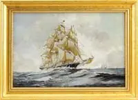 Unsigned, Tall Ship at Sea, Oil on canvas scene shows a three mast black hulled ship sailing left to right with another off its bow