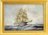 Unsigned, Tall Ship at Sea, Oil on canvas scene shows a three mast black hulled ship sailing left to right with another off its bow