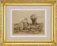 Sears Gallagher, The Clam Diggers, Etching scene shows two figures on a shoreline digging clams. Pencil signed lower left
