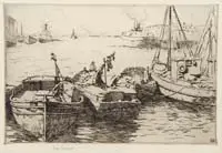 Harbor Master by Sears Gallagher, Etching shows a harbor with different types of ships and boats coming and going, sold Jan 2008