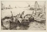 Sears Gallagher, Harbor Master, Etching shows a harbor with different types of ships and boats coming and going