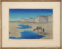 Charles William Bartlett, The Tartar Wall, Peeking, Colored woodblock print shows a man with camel at edge of water outside a tall fortress wall