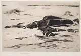 Sears Gallagher, Rocky Waves, Etching shows waves crashing onto shoreline rocks. Pencil signed lower right