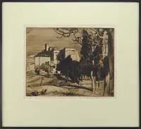Sir Frank Brangwyn, Assisi, Etching shows a large building with trees. Pencil signed lower right