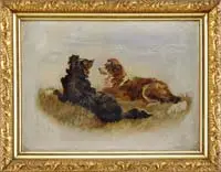 Monogrammed R.S., Two Dogs, Oil on canvas scene shows a black and a brown dog lying in short grass. Monogrammed bottom right and dated “95”