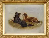 Monogrammed R.S., Two Dogs, Oil on canvas scene shows a black and a brown dog lying in short grass. Monogrammed bottom right and dated “95”
