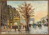 Dubois, Champe De Elysees, Oil on canvas scene shows a wide street in a busy Paris scene with people, businesses and cars under a sunset sky