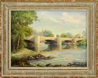 Alfred P. Smith, Catskill Creek at Catskill, Large oil on canvas board depicting Catskill Creek Bridge at Catskill, NY. Building in background