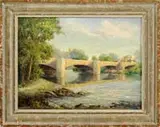 Alfred P. Smith, Catskill Creek at Catskill, Large oil on canvas board depicting Catskill Creek Bridge at Catskill, NY. Building in background