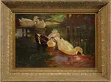 M. H. Godfrey, Untitled, Oil on canvas of a group of ducks in a small woodland pond