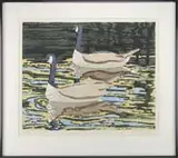 Neil Welliver, Canadian Geese, Hand colored etching on paper shows two geese against blue, yellow and green water. Pencil signed and numbered 40/40