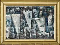 Abstract by William Thon, Gouache and light oil on card paper scene shows white triangles interspersed with other shapes, sold Aug 2012