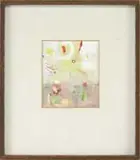 Reuben Tam, Ocean Sunset Monhegan Maine, Casein on paper abstract scene depicts a yellow and white cloud sky with splashes of red over a horizon with pink ocean