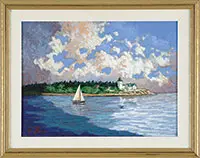 Kate Fitzgerald, Rockport Afternoon, Oil on canvas summer marine scene with sailboat and lighthouse and keeper’s house in mid ground