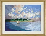 Kate Fitzgerald, Rockport Afternoon, Oil on canvas summer marine scene with sailboat and lighthouse and keeper’s house in mid ground