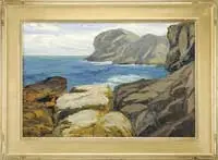 Theophile Schneider, Gull Rock, Monhegan, Oil on canvas coastal scene shows blue ocean in an inlet surrounded by rock cliffs