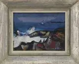Joseph De Martini, Monhegan Coastline, Oil on board scene shows two figures on rocky shoreline looking out over blue ocean with sailboat and crashing waves