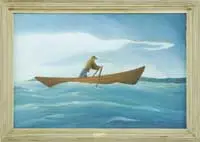 Robert Hambleton, Perseverance, Oil on canvas Maine scene shows a standing dory man in his dory rowing against choppy waves