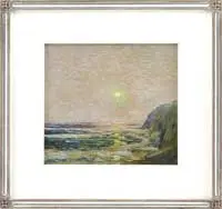 Marsden Hartley, Afternoon Haze 1907, Oil on board coastal scene shows a colorful seascape with waves against rock cliffs under a bright sun through haze