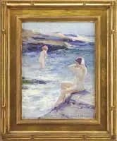 Bathers by Emile Albert Gruppe, Oil on canvas Cape Ann scene shows two nude women in small cove, one in the water and the other on rock ledge, sold Aug 2012