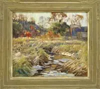 William Lester Stevens, House Near the Salt Marshes, Oil on board scene shows buildings beyond a marsh with open water and tall bent-over grass