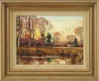 Ipswich Marshes – Indian Summer by Wayne Beam Morrell, Oil on board landscape scene shows a foreground marsh area leading to trees and house and colorful sky with birds, sold Aug 2012
