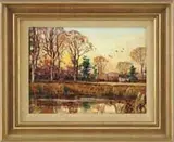 Wayne Beam Morrell, Ipswich Marshes – Indian Summer, Oil on board landscape scene shows a foreground marsh area leading to trees and house and colorful sky with birds