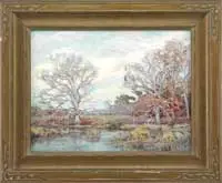 Henry Rodman Kenyon, Ipswich Marsh, Oil on board scene shows a colorful landscape with trees lining a marsh area with meadow beyond