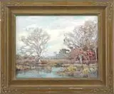 Henry Rodman Kenyon, Ipswich Marsh, Oil on board scene shows a colorful landscape with trees lining a marsh area with meadow beyond