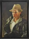 Eben Farrington Comins, Portrait of Robert Callahan, Oil on canvas half portrait of a young man wearing a plaid jacket, white shirt and tan hat