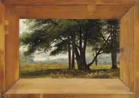 Summer Glade, Moat Mountain by Benjamin Champney, Oil on canvas New Hampshire scene shows a tree lined field leading to a mountain hump in distance, sold Aug 2012