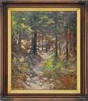 Philip Little, The Sunlit Path, Outstanding oil on canvas landscape scene shows a leaf strewn sunlit path through tall trees in deep wood setting