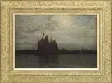 Moonlit Harbor by Frank Knox Morton Rehn, Oil on board night time scene shows a harbor with two schooners under full moonlight, sold Aug 2012