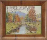 John Nichols Haapanen, Autumn Reflections, Oil on canvas Fall scene shows a stream with grass and tree lined bank, their colors reflecting on calm stream water