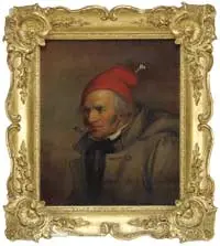Cornelius Krieghoff, Portrait of a Man with Red Cap, Oil on canvas half portrait of a man smoking a clay pipe, wearing a red knit cap and heavy jacket