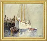 Edward A. Page, The White Schooner, Oil on board scene shows two mast white hulled schooner moored next to dock with people