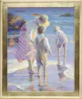 Donald Eric Hatfield, Morning on the Beach, Fine oil on canvas beach scene shows a mother with her two young boys playing in ankle deep water
