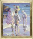 Donald Eric Hatfield, Morning on the Beach, Fine oil on canvas beach scene shows a mother with her two young boys playing in ankle deep water