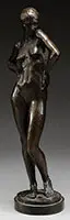 Jo Davidson, Youthful Pose, Outstanding bronze sculpture of a young woman posing nude with arms on hips and head slightly cocked