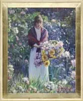 Donald Eric Hatfield, Gathering the Spring Flowers, Oil on canvas flower garden scene shows a young woman in white dress and red shawl gathering flowers in a handled basket
