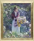 Donald Eric Hatfield, Gathering the Spring Flowers, Oil on canvas flower garden scene shows a young woman in white dress and red shawl gathering flowers in a handled basket