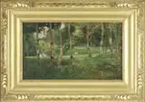 Lawton S. Parker, Dappled Light, Giverny, Oil on canvas landscape scene shows a view through trees towards a pond reflecting the landscape scene