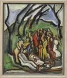 Nathum Tschacbasov, Picnic in the Park, Oil on canvas scene shows a group of people around a table set with food amongst trees under colorful sky