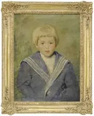 Portrait of a Boy by Ivan G. Olinsky, Oil on canvas half portrait of a blond haired boy wearing a blue striped jacket and white shirt, sold Aug 2012